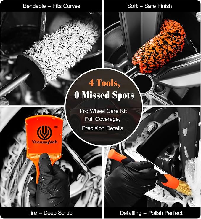 YeewayVeh 4PCS Car Wheel Brush Kit, Microfiber Wheel Cleaner Brush with Boar Hair Detailing Brush, Bendable & Durable Wheel and Tire Brush Kit for Cleaning Wheels, Tires