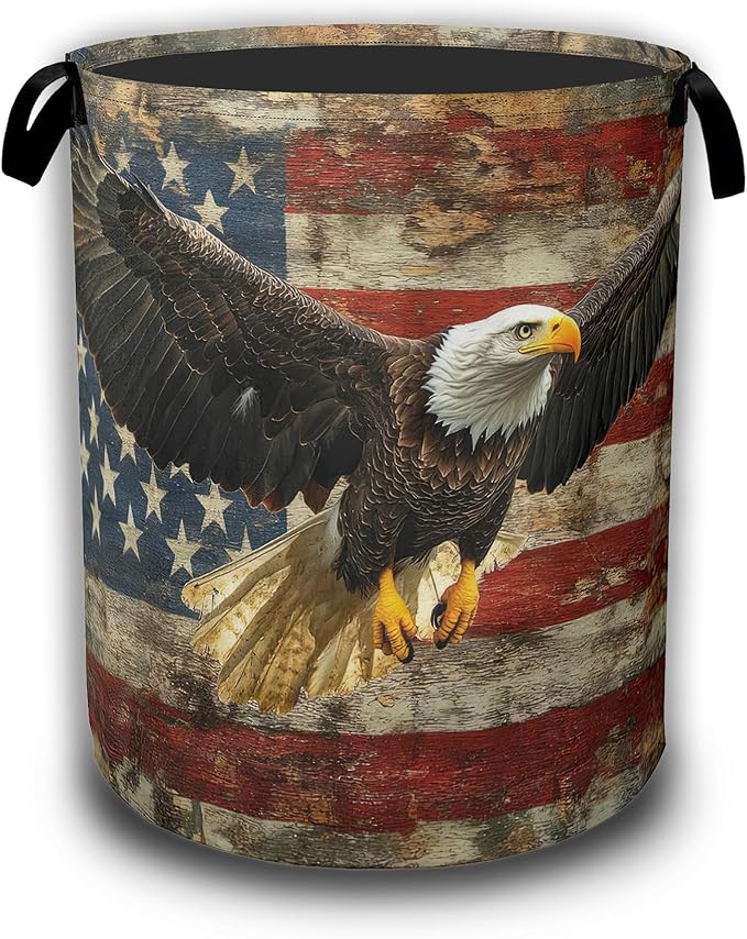 American Flag Eagle Laundry Basket,Waterproof Foldable Laundry Hamper,Dirty Clothes Basket, Linen Bin Storage Organizer Collection 16" x 20.8"