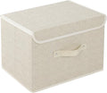 Storage Boxes, Collapsible Storage Bins with Lids, Cotton and linen cloth Storage Baskets with Handle, for Books, Closet, Bedroom, Home, 15x9.8x9.8 in, Grey and Beige