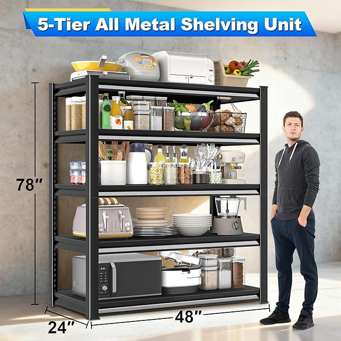 Rufokisa Garage Shelving Heavy Duty，Large Loads Adjustable Garage Storage Shelves, Metal Storage Racks and Shelving Units, Utility Rack Shelves,47.2”W x 24”D x 78”H,Black