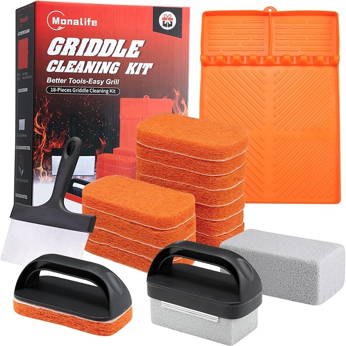 Griddle Cleaning Kit for Blackstone Accessories,Heat-Resistant Silicone Spatula Mat with Hanger,Flat Top Grill Cleaning Kit Set with Grill Cleaner Stone Brick, Griddle Scraper&Scouring Pads