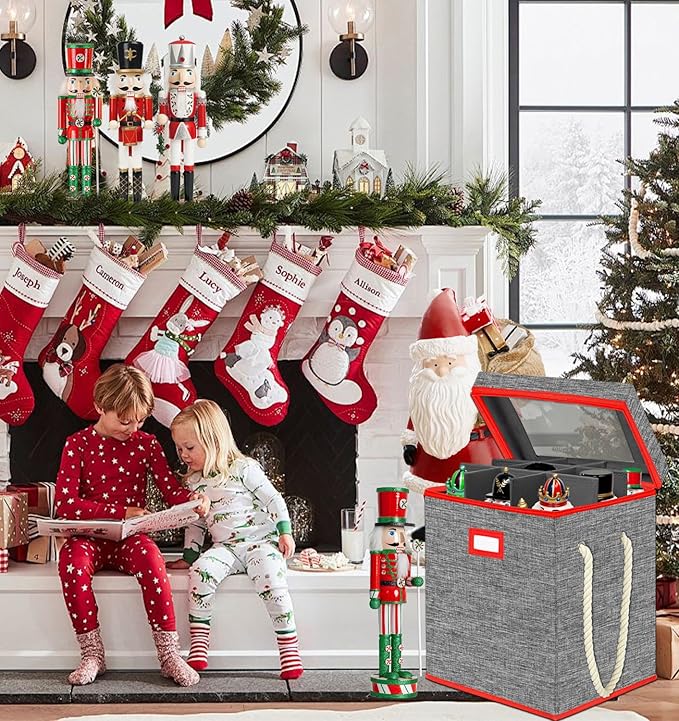 Christmas Nutcracker Collectibles Storage Box, Large Ornament Box for 9-16' Tall Nutcrackers, Ornaments (Red and Gray)