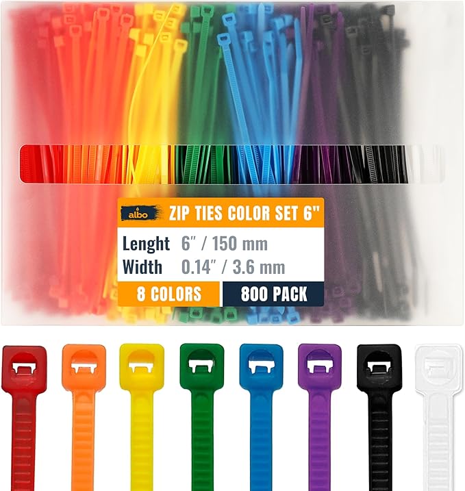 ALBO Multi Colored Zip Ties 6 Inch 800 Pack 40 lb Neon Fastening Straps Thick 0.14 Inch UV Resistant Nylon Craft Accessories Durable Flexible Multipurpose Wire Management Organizing