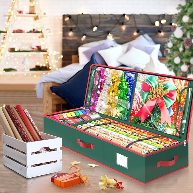 BlessedSeason Wrapping Paper Storage Organizer for 40 Inch Christmas Gifts Wrapping Paper, 2 Visible Supplies Pockets for Holiday Accessories, Christmas Decoration Storage Containers, Green