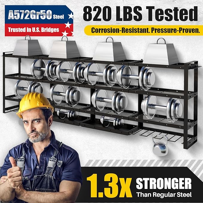 STURDIFLOW XLarge 64''W Power Tool Organizer Wall Mount | Modular&Corner-Fit 820lbs Garage Storage Rack with 8 Cordless Drill Holder | 4-Tier Heavy Duty Utility Shelf for Battery Workshop Organization