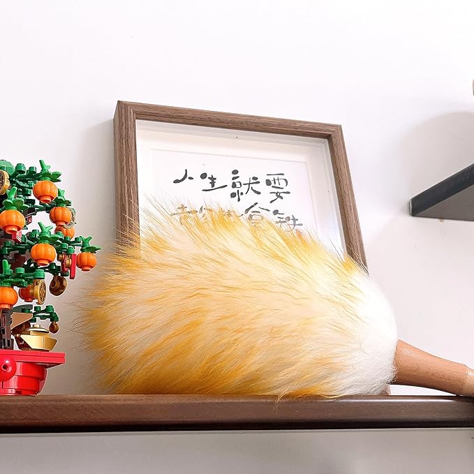 FeelfunFeather Feather Duster, Lambswool Duster for Cleaning,with Solid Wooden Handle,Leather Hang Strap,Anti-Static 14.9 inch Washable Reusable Small Hand Duster(Natural) for Office, Home and Car