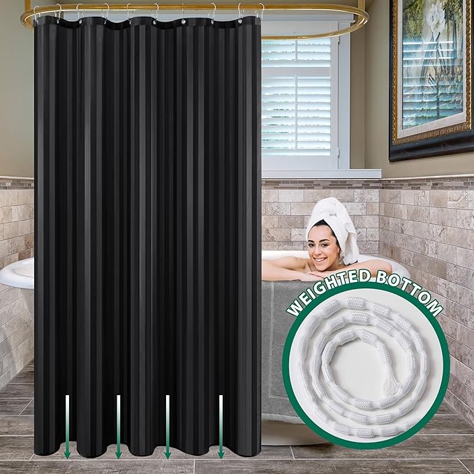 Biscaynebay Fabric Shower Curtain or Liner 72" by 72", Black Water Repellent Damask Stripes Bathroom Curtains Machine Washable