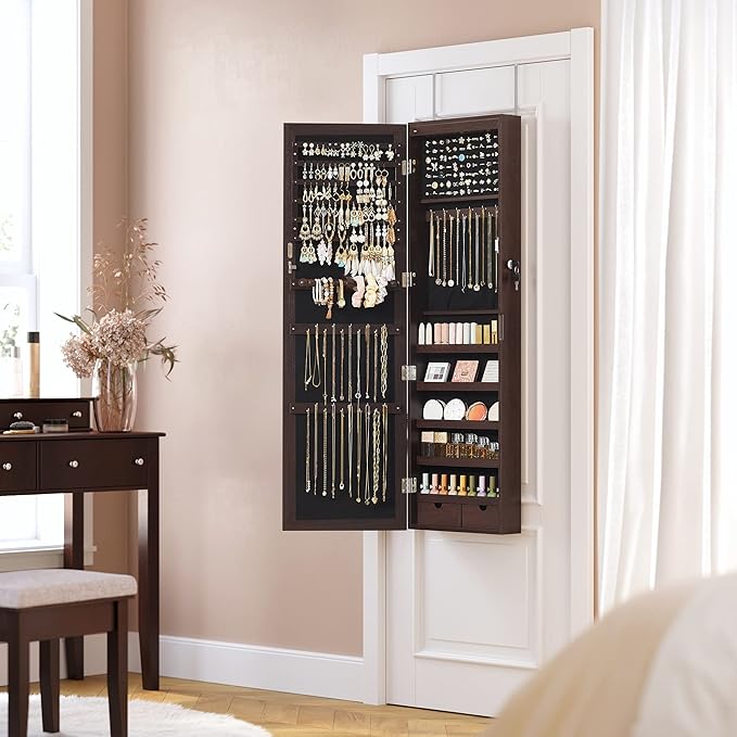 SONGMICS 6 LEDs Mirror Jewelry Cabinet, 47.2-Inch Tall Lockable Wall or Door Mounted Jewelry Armoire Organizer with Mirror, 2 Drawers, 3.9 x 14.6 x 47.2 Inches, Brown UJJC93K
