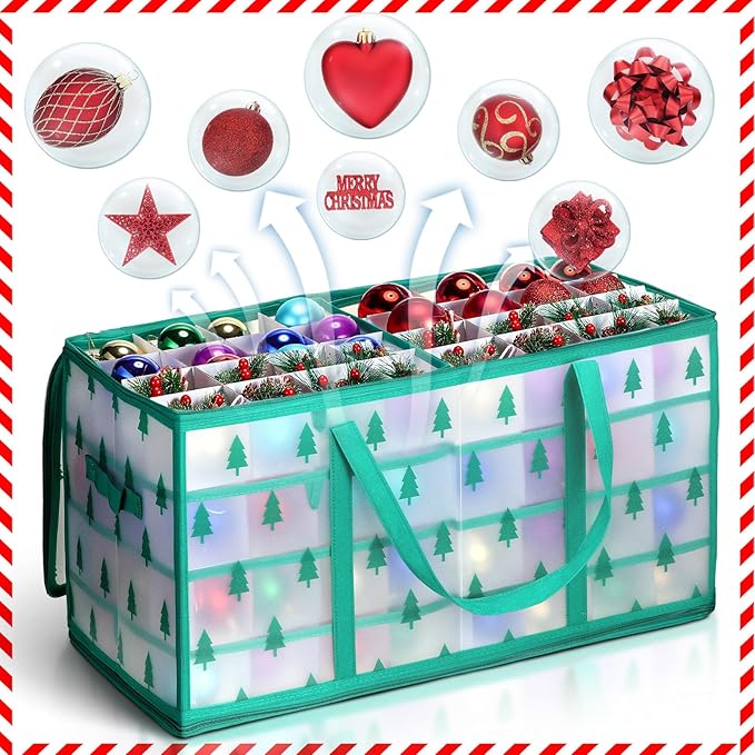 Hosuly 2 Pcs Plastic Christmas Ornaments Storage Box with Dividers, Zippers, 8 Trays,128 Slots, Christmas Storage Containers Xmas Ornaments Organizer for Holiday Balls Ornaments(Christmas Tree)