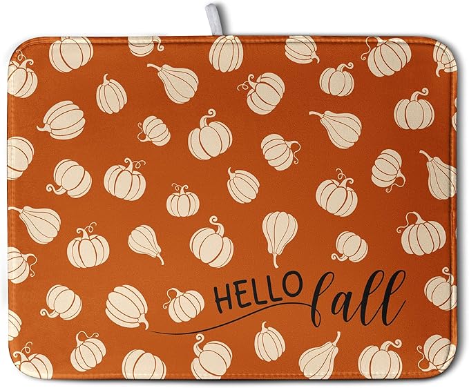 Kwlegh Hello Fall Drying Mat for Kitchen Counter Autumn Orange Pumpkin Dry Dish Mat Thanksgiving Absorbent Microfiber Dish Draining Washable Dish Drainer Rack Mat Large 18x24 Inch