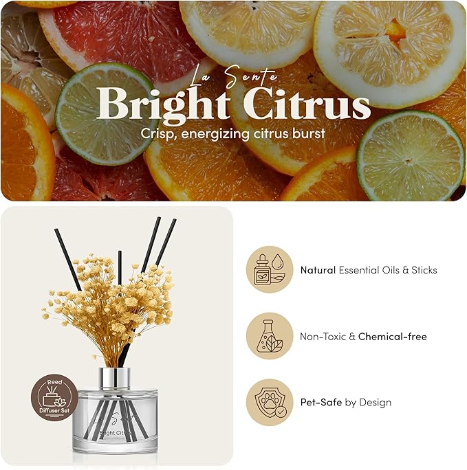 Reed Diffuser Set (6.7fl oz), Natural Bright Citrus Essential Oil Fragrance with Glass Bottle, Black Rattan Sticks & Preserved Flowers, Up to 120 Days Lasting Fragrance for Home & Office