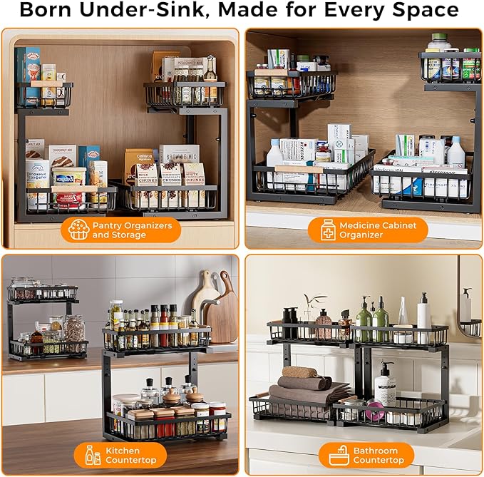 ENRUNEST Under Sink Organizer,2 Pack Under Kitchen Sink Organizer,2 Tier Sliding-Out,5 Level Height Adjustable,Thickened Carbon Steel,Anti-rust Treatment,For Kitchen Bathroom Black
