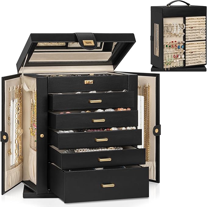 AKOZLIN Jewelry Box 6-Tier Organizer Functional 360° Rotating Jewelry Storage Case for Women Girls Ring Necklace Earring Bracelet Holder with Mirror