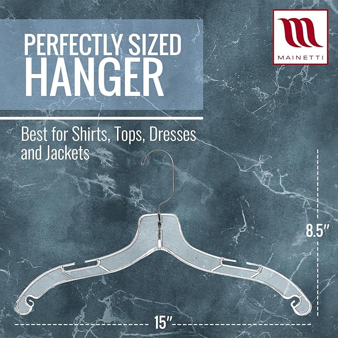 Mainetti Clear Plastic Clothes Hangers 100 Pack | 17-Inch Space Saving Hangers with 360 Swivel Metal Hook & Notches for Straps | Closet Hangers Ideal for Shirts, Tops, Dresses and Jackets (5400SCR)