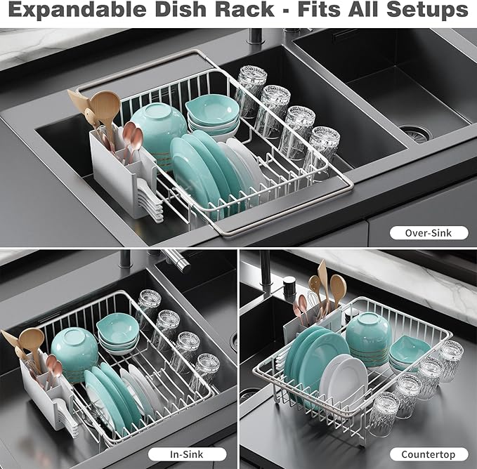 jouzevic Dish Drying Rack in Sink: Expandable, 3-Slot Utensil Holder, Anti-Slip Handle. Small Dish Rack: Ideal for Small Households. Kitchen Drying Rack: White