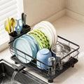 AIDERLY Iron Dish Drying Rack Auto Drain Dish Drainers Kitchen Counter Strainer with Draining Tray, All Black
