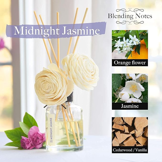 Aronica Twin Sola Diffuser - Midnight Jasmine Fragrance, 160ml / 5.41 Floz, Bedroom Nightstand Table Top Deor, Jasmine Essential Oil defusser with Flower, Bathroom Counter Decor, Apartment Entryway