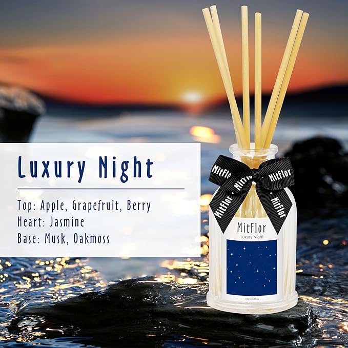 Reed Diffuser, MitFlor Luxury Night Air Freshener Diffuser for Shelf Decor, Hotel Collection Diffuser Oil - Apple, Berry, Jasmine, Musk, Oakmoss - 3.4 fl oz