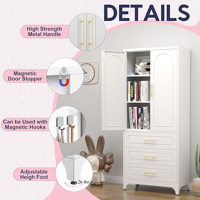 Pantry Kitchen Cabinet with Drawer, 75" Tall Pantry Storage Cabinet, Metal Storage Cabinets with Doors and Shelves, Large Freestanding Cupboard for Dining Room, Assembly Required, White