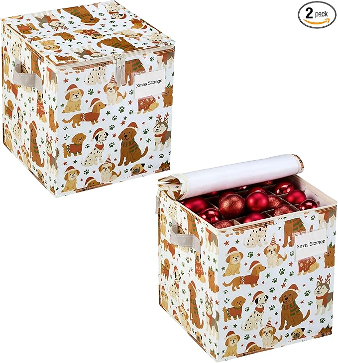 VENO 2 Pack Christmas Ornament Storage Box, Stores up to 64 Holiday Ornaments, Adjustable Dividers, Zippered Top, Storage bins with lids for holiday decorations-3 Inch Cube Compartments (Holiday Pups)