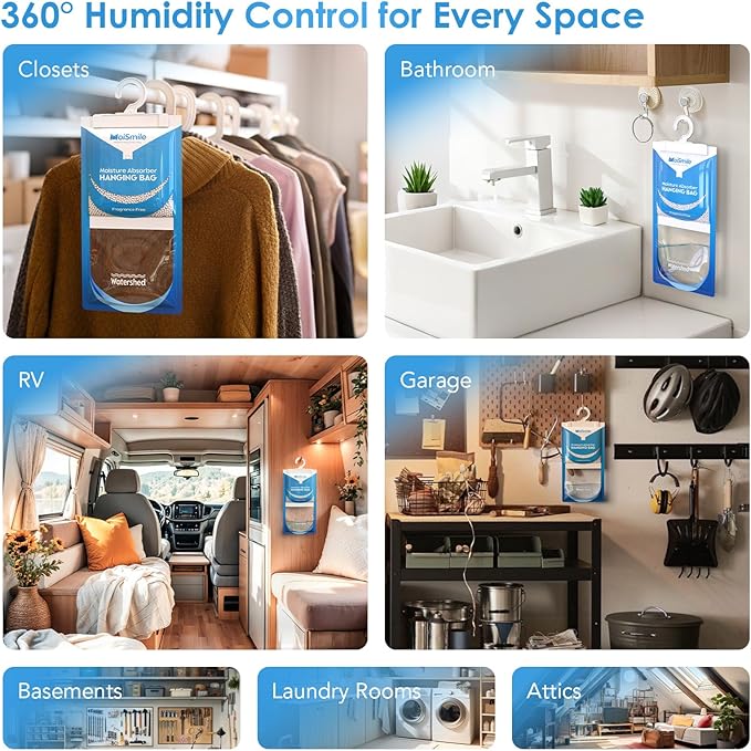 Moisture Absorbers 10 Pack Fragrance Free, Hanging Closet Dehumidifier Bags, Humidity Absorber, Compact Eliminates Odors Humidity Packs for Car, Bathroom, Bedroom, Basement, 9.8OZ