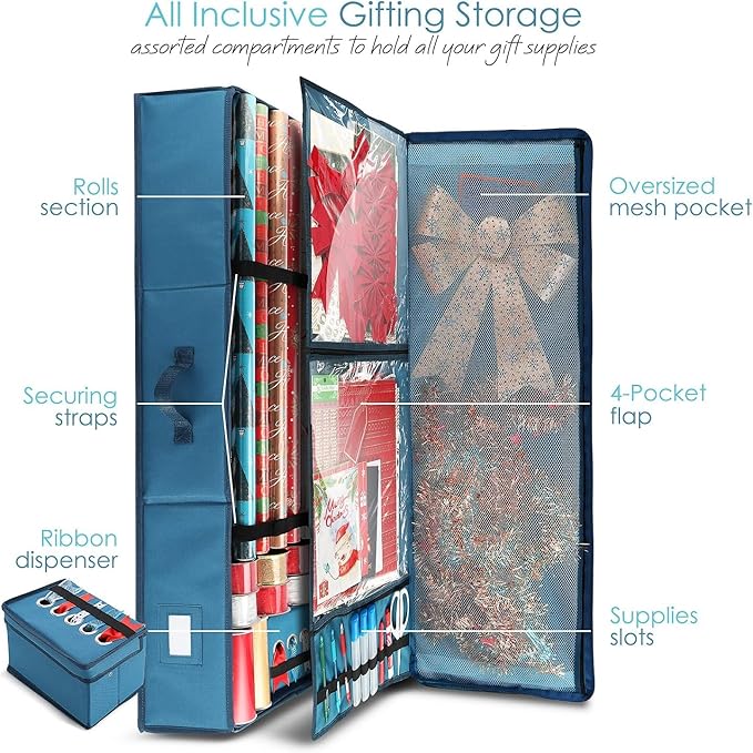 Hearth & Harbor Christmas Tree Storage Bag 7.5 ft, Wrapping Paper Storage Organizer Container & Large Christmas Ornament Storage Box With Adjustable Dividers