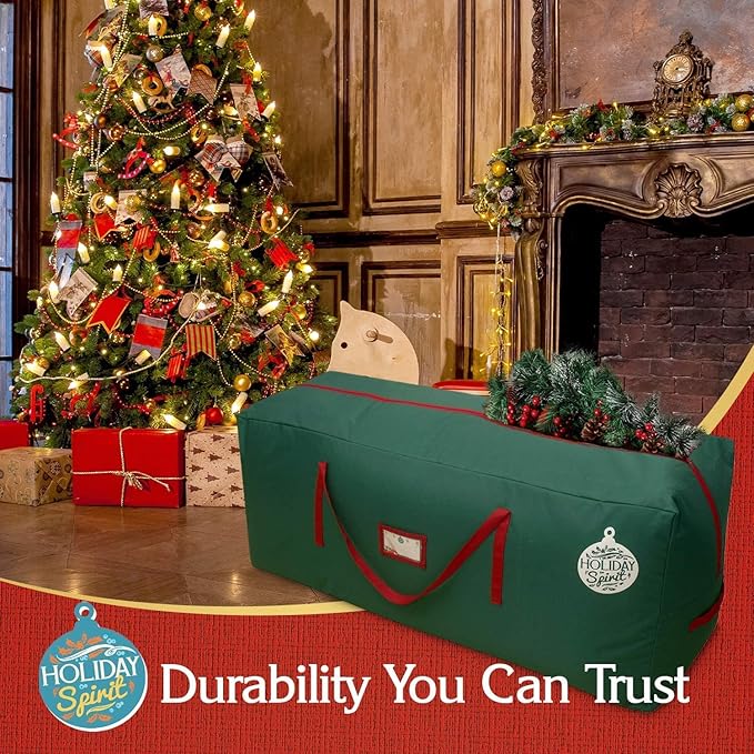 HOLIDAY SPIRIT Heavy Duty Canvas Bags for Christmas Tree - Waterproof Storage Bag with Reinforced Handles and Dual Zipper for 9 Ft Tree - 600D Oxford Material Protects from Dust and Moisture, Green