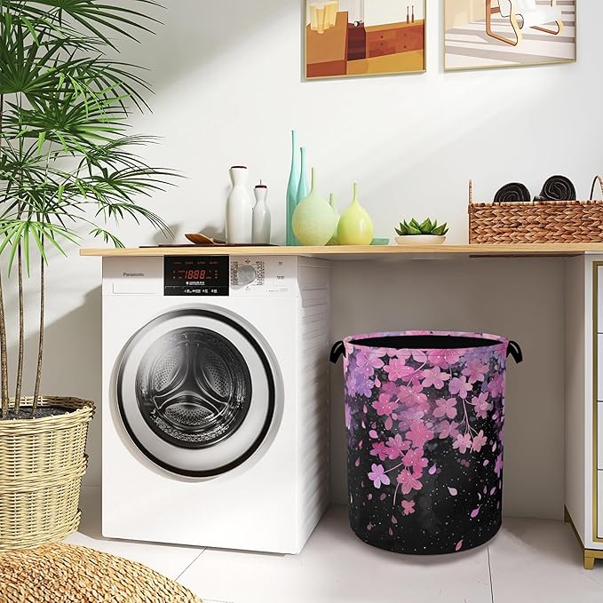 Cherry Blossoms Laundry Basket,Foldable with Handles Tote Bag Oxford Cloth for Bathroom Bedroom Dirty Clothes Storage Bucket 16" x 20.8"