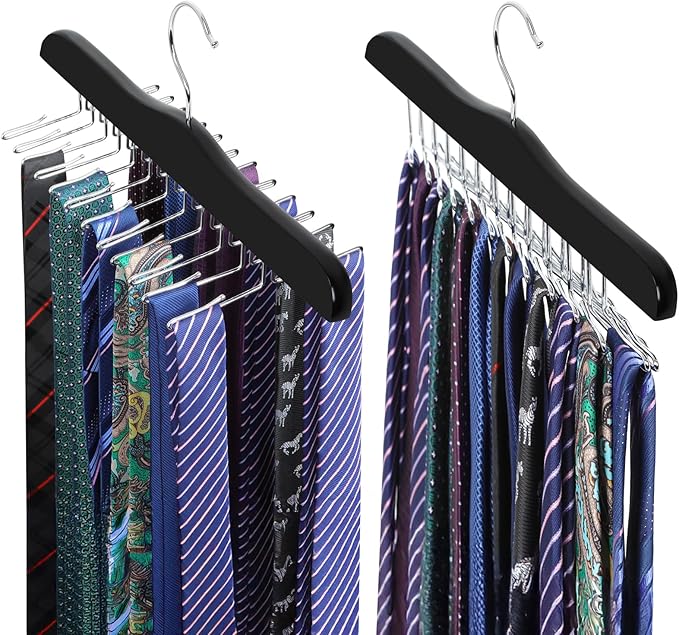 TOPIA HANGER Tie Rack Hanger for Closet, Wooden Tie Organizer for Men with 24 Folding Hooks, Space Saving Necktie Holder for Storage and Display Bra, Tank Top, Camisole (2-Pack), Black- CT14B-2