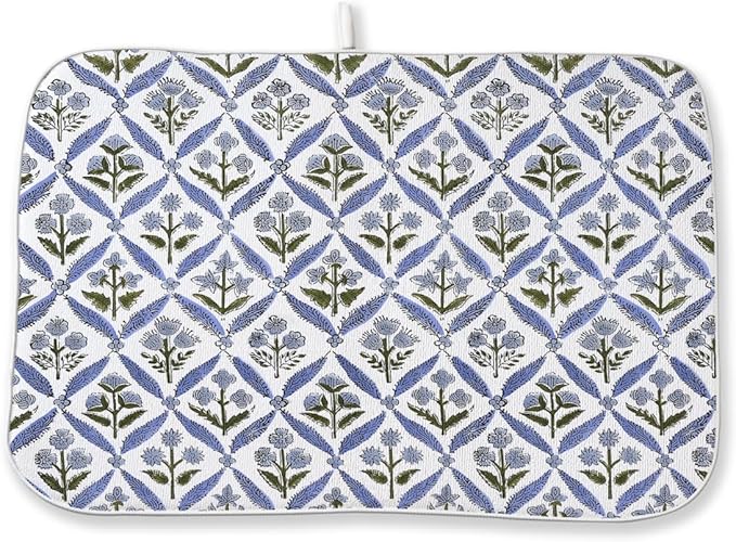 Vintage Blue Sage Green Floral Dish Drying Mat 18 x 24 Inch Block Print Floral Drying Mat for Kitchen Counter Absorbent Flowers Dishes Dry Pad for Drainer Rack Kitchen Fast Dry