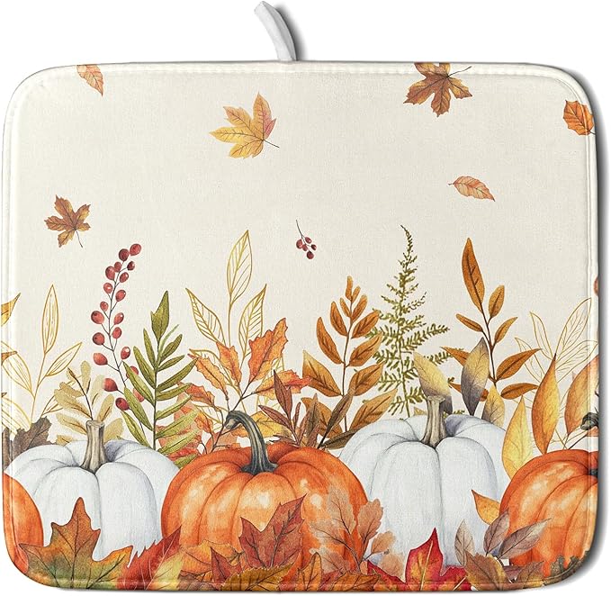 ABSOP Fall Dish Drying Mat for Kitchen Counter 16 x 18 Inch Orange Pumpkin Drying Mat Absorbent Reversible Microfiber Mats for Thanksgiving Decoration Dish Rack Pad Drainer Mat for Coffee Bar