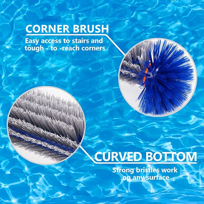 Poolvio Professional 17.5" Floor & Wall Pool Cleaning Brush with Tough Around Nylon Bristles, EZ Clip Aluminum Handle- Easily Sweep from Walls, Floors, Steps