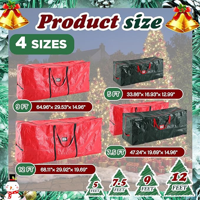Amylove 4 Pcs Large Christmas Tree Storage Bags Heavy Duty Xmas Zippered Bags Bulk Waterproof Plastic Christmas Tree Container with Carry Handles(9 Ft/ 7.5 Ft/ 4.5 ft,Red/Green)