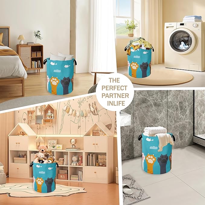 Cute Cat Paws Laundry Basket,Cartoon Birds Clothes Hamper,Oxford Cloth Collapsible Nursery Hamper Storage Organization for Bedroom,Bathroom,Office,College Dorms,16x20 Inch