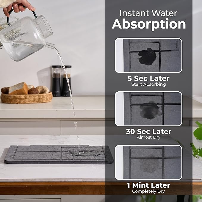 Large Stone Dish Drying Mat for Kitchen Counter, 2PCS Quick Dry Stone Dishes Mats, Detachable Water Absorbing Diatomaceous Earth Drying Pad for Bottles Dish Cups(Dark Gray 24"×16" & 8"x5")