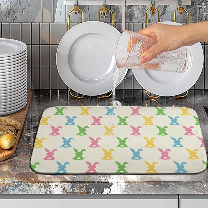 Easter Bunny Dish Drying Mat Colorful Cute Rabbits Kitchen Drying Mat Spring Microfiber Dish Dryer Pad Absorbent Reversible Dish Drainer Rack Mat Washable Dish Mat for Kitchen Countertop 16x18 Inch
