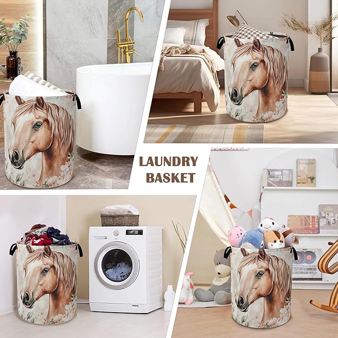 Laundry Hamper,Watercolor Horse Laundry Basket,Colorful Flowers Waterproof Oxford Cloth Storage Basket with Handle for Clothes Books Nursery Home Storage Sundries 16"x20"