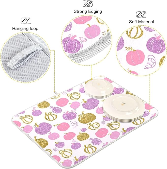 Pumpkin Pink Purple Dish Drying Mat for Kitchen Countertop 18x24 Fall Rectangle Large Drying Mat Reusable Quick Dry Dish Sink Absorbent Mats Dishwasher Easy Clean Decorative Home Decor Essentials