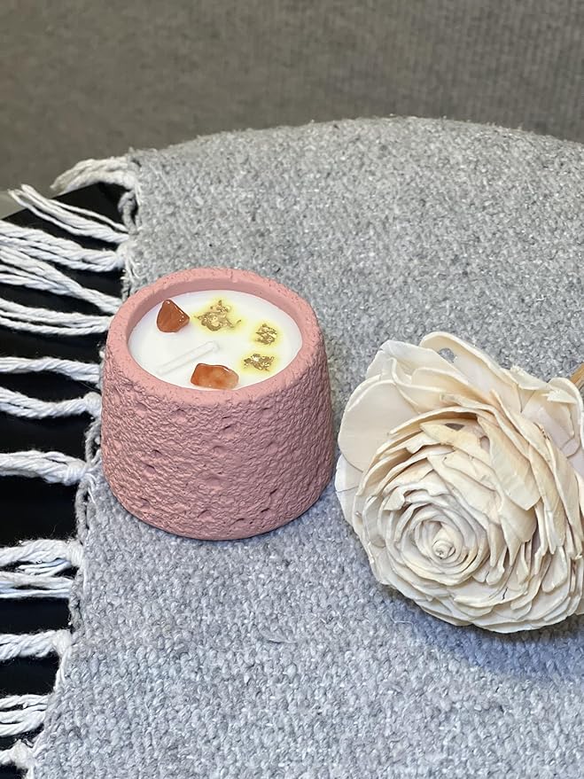 Sacral Chakra Sunstone Candle – Tangerine Rose Scented Soy & Beeswax Candle with Sunstone | Handmade Soft Pink Cement Jar | Love, Creativity & Emotional Balance Gift (7.1 oz / 200 g)