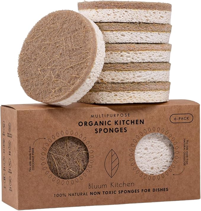 Bluum Kitchen Organic Kitchen Sponges 6-Pack – Non Toxic Sponges for Dishes, Natural Dish Sponge Set, Plant Based Cellulose & Coconut Fiber Sponge, Biodegradable, Compostable, Eco Friendly