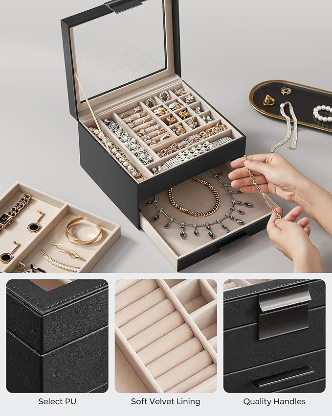 SONGMICS Jewelry Box Organizer with Glass Lid, 3-Layer Jewelry Storage, with 2 Drawers, Modern Style, 8 x 9.1 x 5.3 Inches, Graphite Black and Silver UJBC239BK