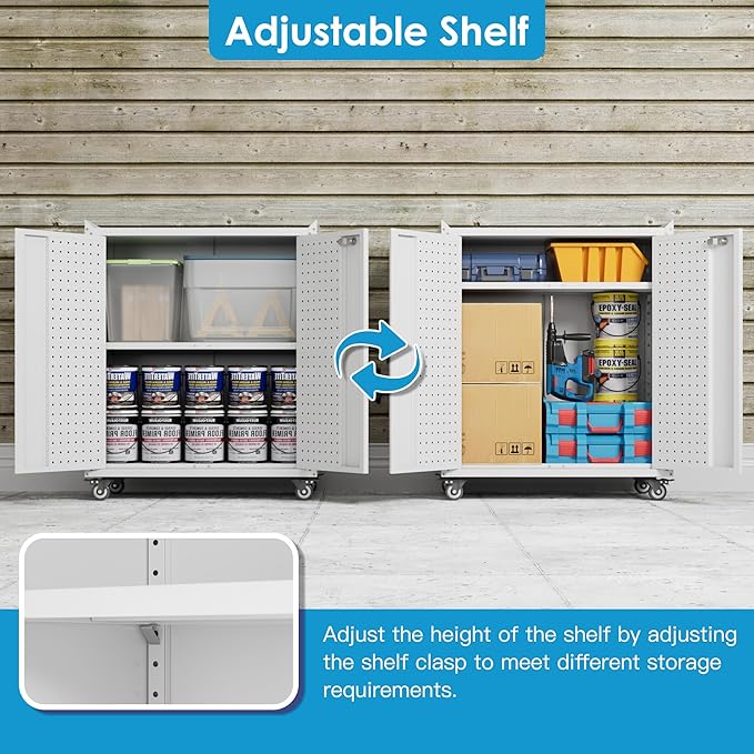 13.8" D x 26" W x 34.3" H Metal Storage Cabinet with Pegboard and Hooks,Garage Storage Cabinet with Wheels and 2 Lockable Doors for Garage,Home,Office,Assembly Required,White