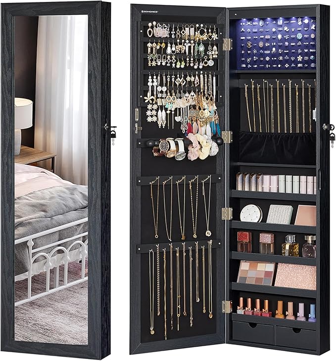 SONGMICS 6 LEDs Mirror Jewelry Cabinet, 47.2-Inch Tall Lockable Wall or Door Mounted Jewelry Armoire Organizer with Mirror, 2 Drawers, 3.9 x 14.6 x 47.2 Inches, Black UJJC093B01