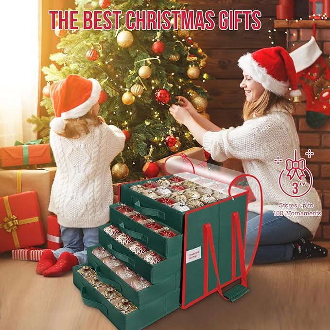 Christmas Ornament Storage Box, Stores Up to 100 Count 3 Inch Ornaments, 5 Individual Trays, Adjustable Dividers, 600D Oxford Fabric, Large Organizer Bin to Protect and Store Holiday Décor