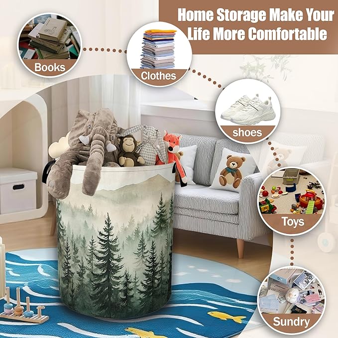 Misty Forest Landscape Laundry Basket,Waterproof Foldable Laundry Hamper,Dirty Clothes Basket, Linen Bin Storage Organizer Collection 16" x 20.8"