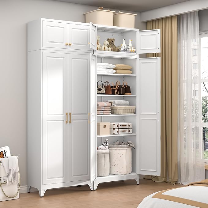 90” Tall Kitchen Pantry Cabinet,Metal Storage Cabinet with Doors and Adjustable Shelves,Modern Kitchen Hutch Cabinets,Freestanding Cupboard for Living Room