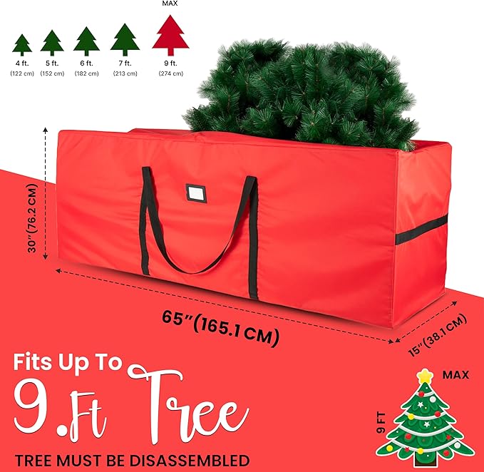 QUENTRO Heavy Duty Christmas Tree Storage Bag - Fits Up to 9ft Tall - Waterproof 600D Polyester Xmas Tree Bag with Reinforced Handles & Secure Zipper – Foldable Durable Holiday Storage Solution (Red)