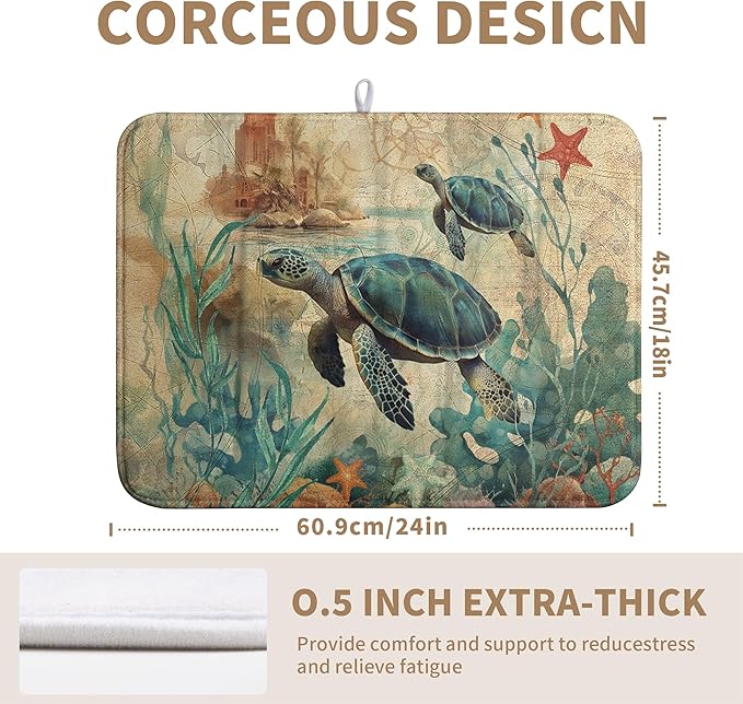 Wnoesat Sea Turtle Dish Drying Mat for Kitchen Counter Vintage Ocean Animal Microfiber Absorbent Dish Drainer Rack Mat Nautical Drying Mats Large Dish Draining Mat 18x24 Inch, 240220