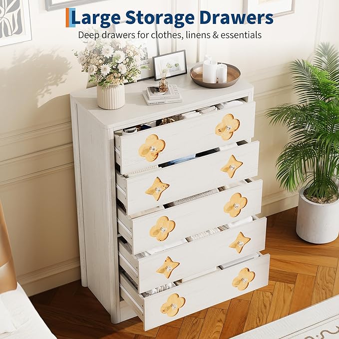 Garvee Dresser for Bedroom with 5 Drawers, 45'' Tall Chest of Large Decorative Drawer Front with Large Clothes Storage Cabinet, Wood Bedroom Dresser, TV Stand for Nursery, Living Room, Enterway