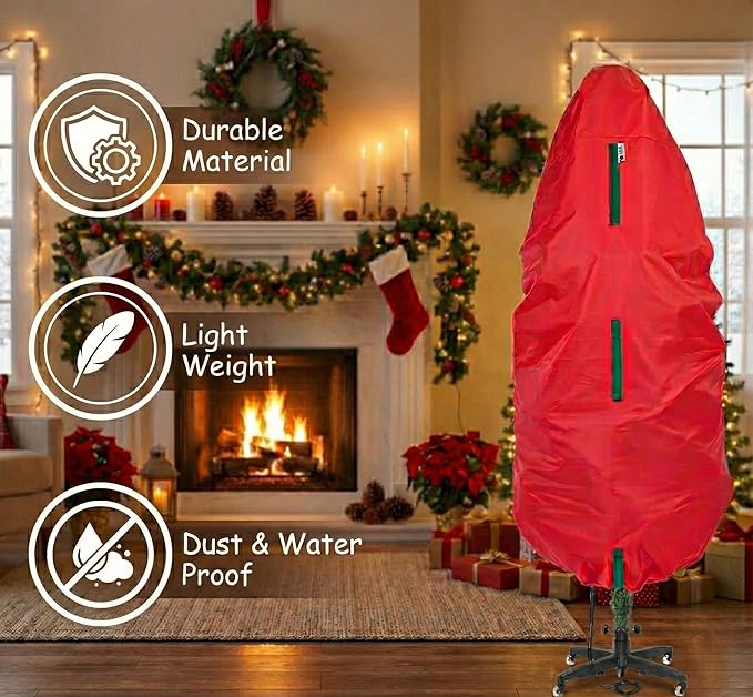 Upright Christmas Tree Storage Bag - Fits 3 Ft Artificial Xmas & Topiary Tree, Vertical Holiday Cover, Durable, Dustproof & Easy-Use Xmas Storage, Red